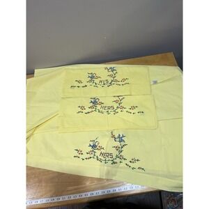 Vtg His & Hers Full Flat Sheet Birds Yellow Pillowcases Fading‎ Screen print